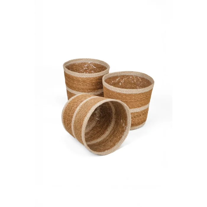 Martina - 3 Adet Dekoratif İç Korumalı Doğal El Örmesi Hasır Saksı Sepet Seti 24 cm