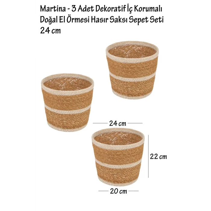 Martina - 3 Adet Dekoratif İç Korumalı Doğal El Örmesi Hasır Saksı Sepet Seti 24 cm