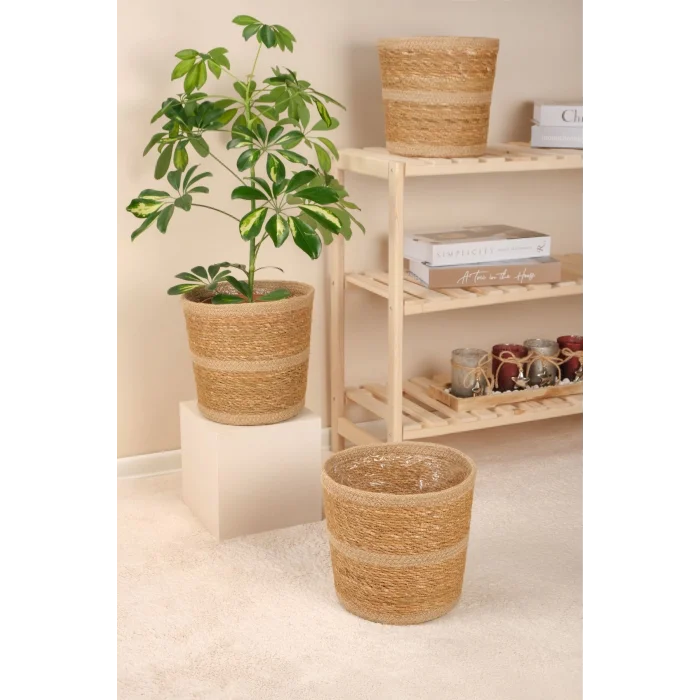 Martina - 3 Adet Dekoratif İç Korumalı Doğal El Örmesi Hasır Saksı Sepet Seti 24 cm