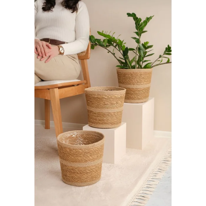 Martina - 3 Adet Dekoratif İç Korumalı Doğal El Örmesi Hasır Saksı Sepet Seti 24 cm