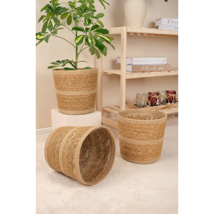 Martina - 3 Adet Dekoratif İç Korumalı Doğal El Örmesi Hasır Saksı Sepet Seti 24 cm