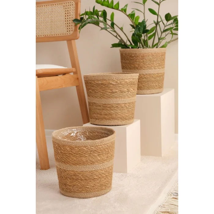 Martina - 3 Adet Dekoratif İç Korumalı Doğal El Örmesi Hasır Saksı Sepet Seti 24 cm