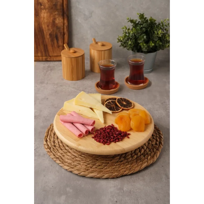 Arven - Bambu Ayaklı Servis Tabağı Meyve Kurabiye Kek Pasta Tatlı Yemek Sunum Tabağı 28 x 6 cm