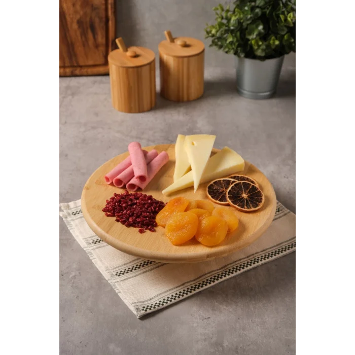 Arven - Bambu Ayaklı Servis Tabağı Meyve Kurabiye Kek Pasta Tatlı Yemek Sunum Tabağı 28 x 6 cm