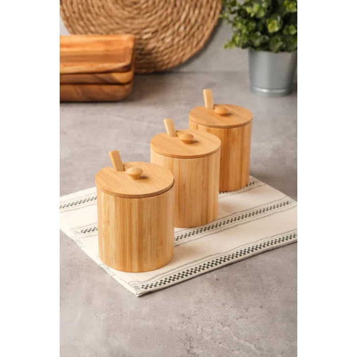 Arven - Bambu 3 lü Kapaklı Kaşıklı Baharat Kavanozu 10 cm x 8,5 cm
