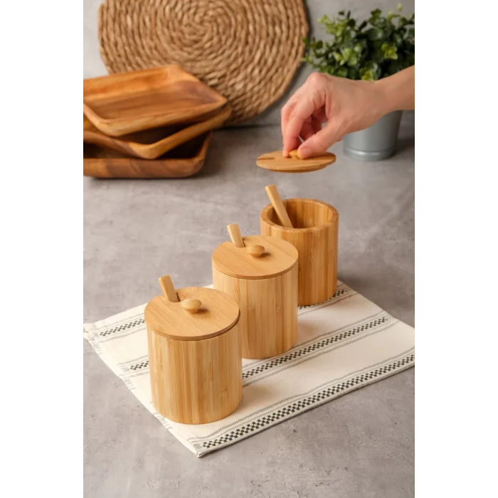 Arven - Bambu 3 lü Kapaklı Kaşıklı Baharat Kavanozu 10 cm x 8,5 cm