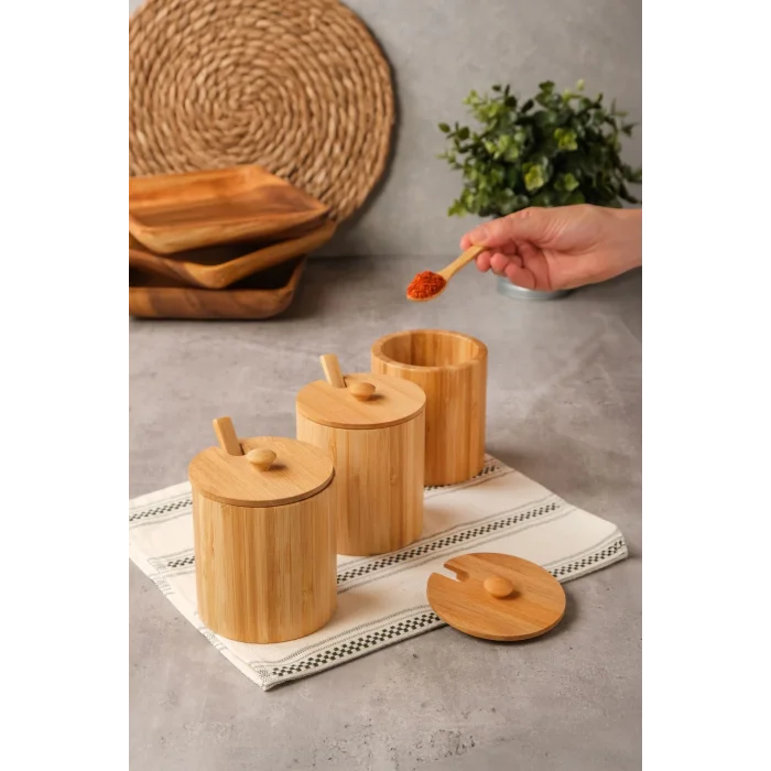 Arven - Bambu 3 lü Kapaklı Kaşıklı Baharat Kavanozu 10 cm x 8,5 cm