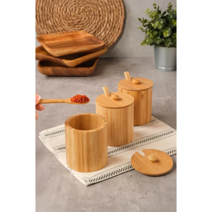 Arven - Bambu 3 lü Kapaklı Kaşıklı Baharat Kavanozu 10 cm x 8,5 cm