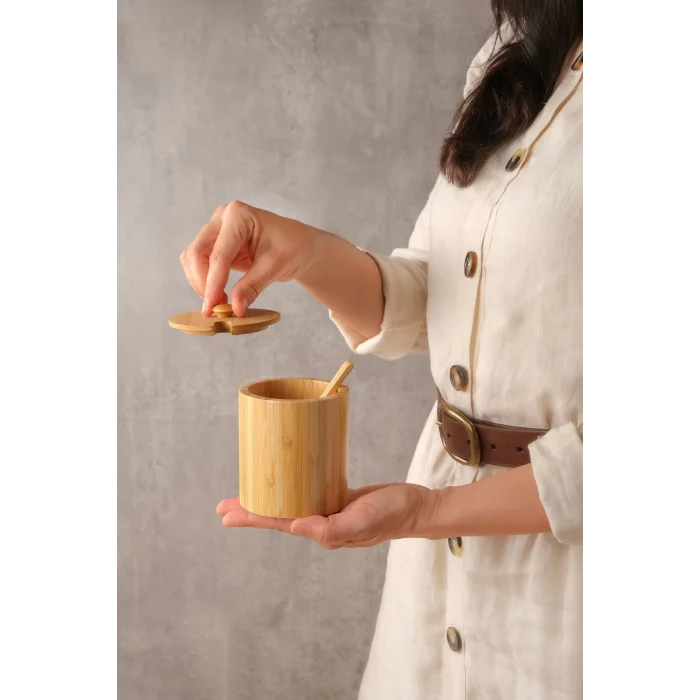 Arven - Bambu 3 lü Kapaklı Kaşıklı Baharat Kavanozu 10 cm x 8,5 cm