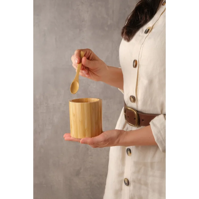 Arven - Bambu 3 lü Kapaklı Kaşıklı Baharat Kavanozu 10 cm x 8,5 cm