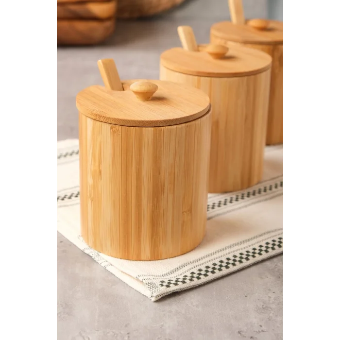 Arven - Bambu 3 lü Kapaklı Kaşıklı Baharat Kavanozu 10 cm x 8,5 cm
