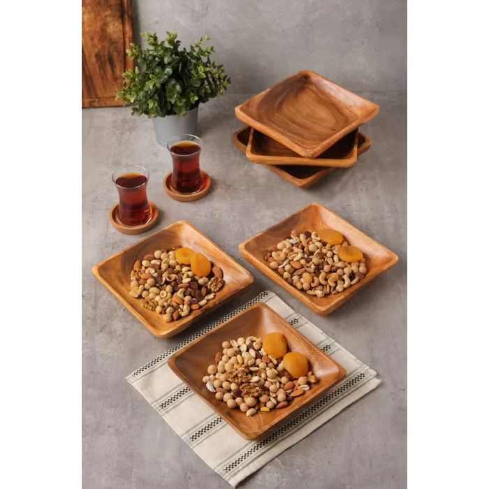 Bella - Akasya 6 Lı Kare Servis, Kahvaltı, Pasta, Sunum Tabak Seti