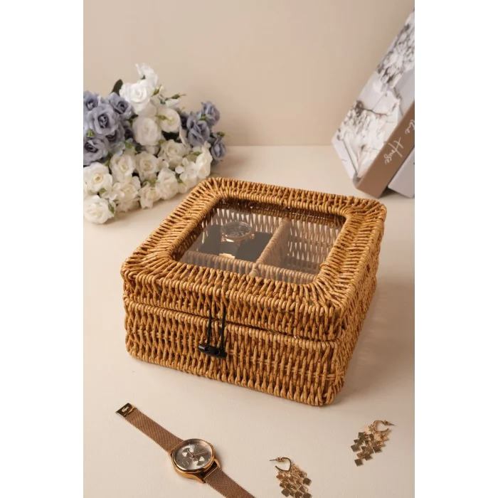 Mathilda - Rattan 4 Bölmeli Kapaklı Saklama Kutusu,Düzenleyici, Organizer, Takı Kutusu