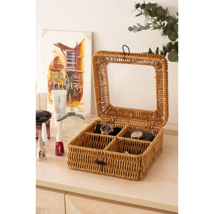 Mathilda - Rattan 4 Bölmeli Kapaklı Saklama Kutusu,Düzenleyici, Organizer, Takı Kutusu