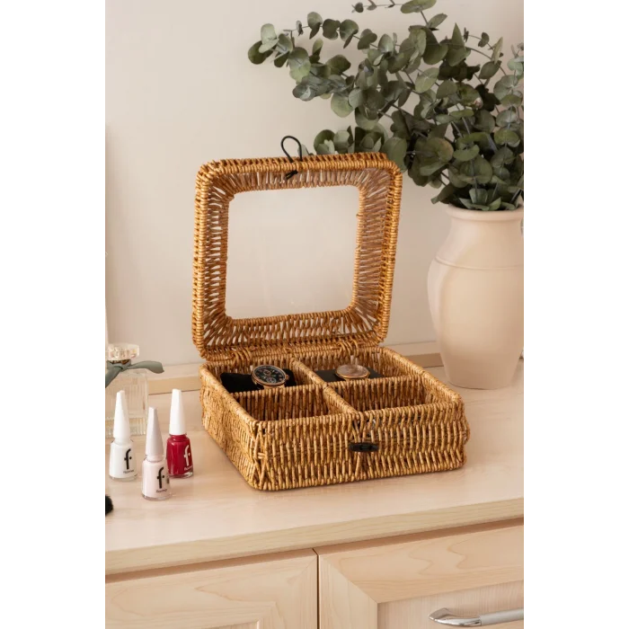 Mathilda - Rattan 4 Bölmeli Kapaklı Saklama Kutusu,Düzenleyici, Organizer, Takı Kutusu