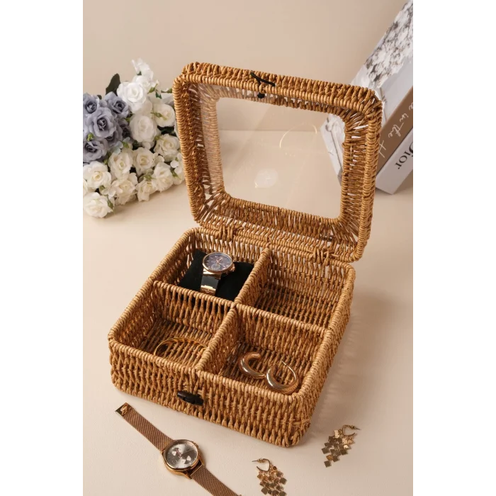 Mathilda - Rattan 4 Bölmeli Kapaklı Saklama Kutusu,Düzenleyici, Organizer, Takı Kutusu