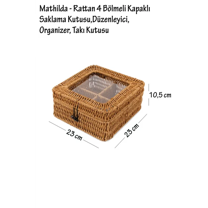 Mathilda - Rattan 4 Bölmeli Kapaklı Saklama Kutusu,Düzenleyici, Organizer, Takı Kutusu