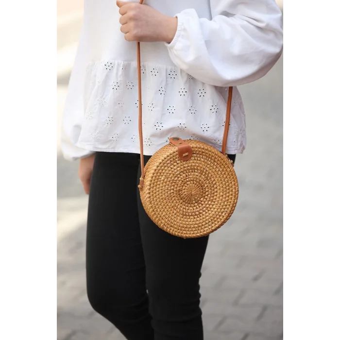 Daphne - Rattan El Yapımı Deri Askılı Hasır Omuz Çantası