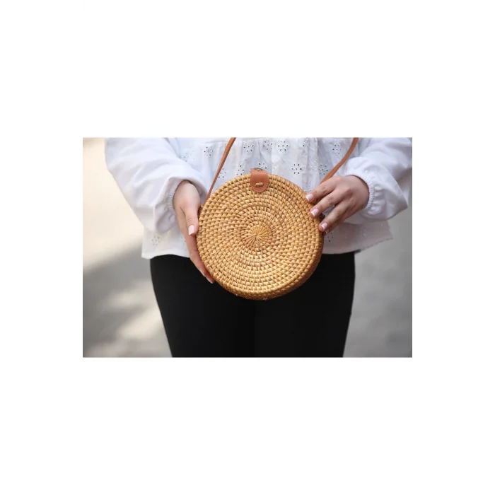 Daphne - Rattan El Yapımı Deri Askılı Hasır Omuz Çantası