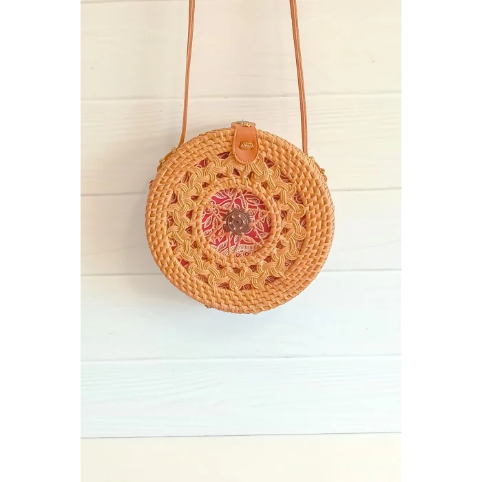 Selina - Rattan El Yapımı Deri Askı Detaylı Hasır Yuvarlak Omuz Çantası