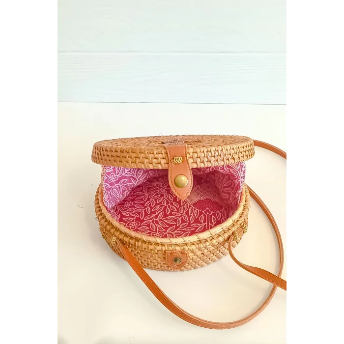 Selina - Rattan El Yapımı Deri Askı Detaylı Hasır Yuvarlak Omuz Çantası