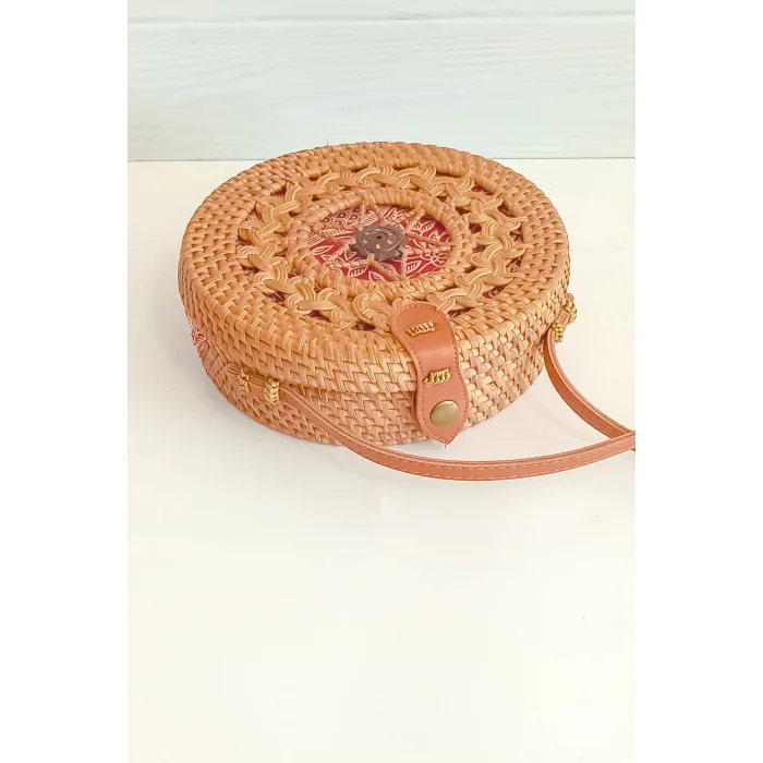 Selina - Rattan El Yapımı Deri Askı Detaylı Hasır Yuvarlak Omuz Çantası