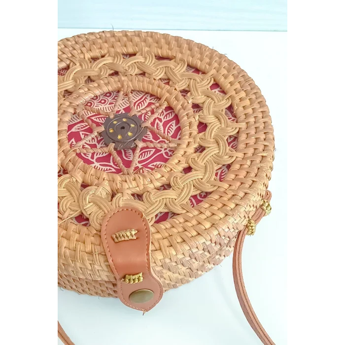Selina - Rattan El Yapımı Deri Askı Detaylı Hasır Yuvarlak Omuz Çantası