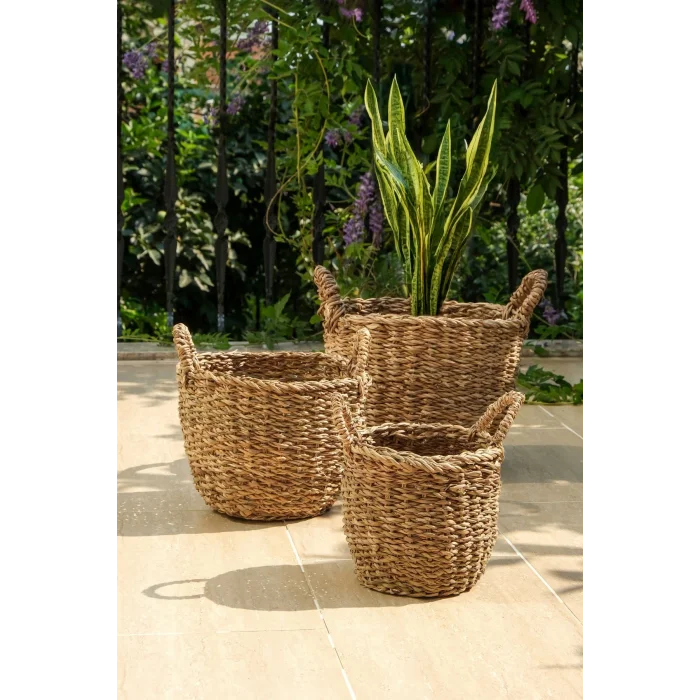 Marlen - 3 lü Dekoratif Doğal El Örmesi Kulplu Hasır Saksı Sepet Seti