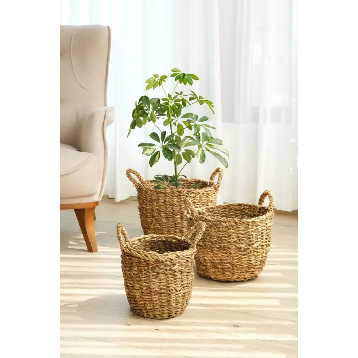Marlen - 3 lü Dekoratif Doğal El Örmesi Kulplu Hasır Saksı Sepet Seti