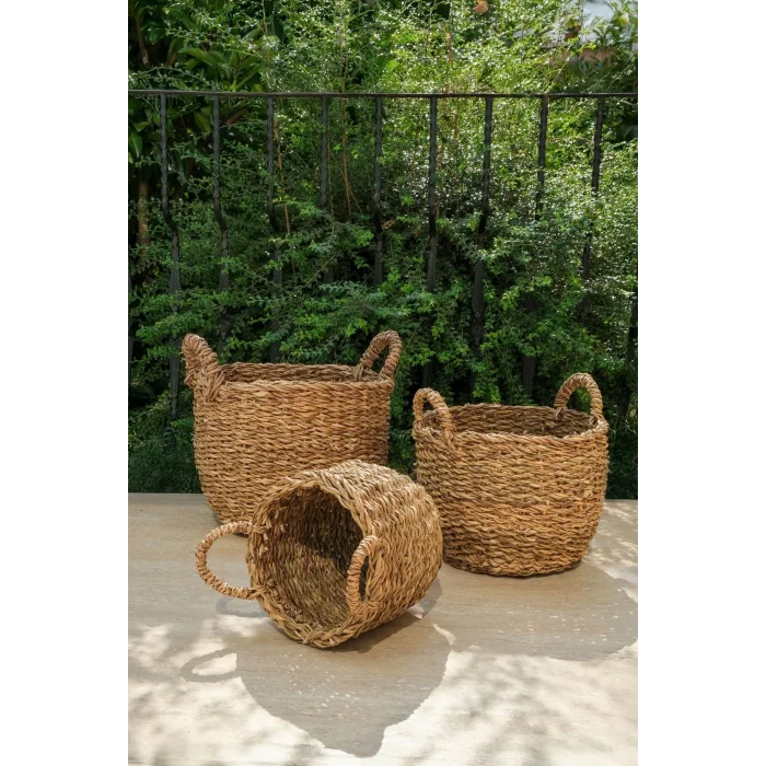 Marlen - 3 lü Dekoratif Doğal El Örmesi Kulplu Hasır Saksı Sepet Seti