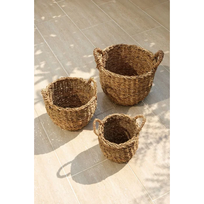 Marlen - 3 lü Dekoratif Doğal El Örmesi Kulplu Hasır Saksı Sepet Seti