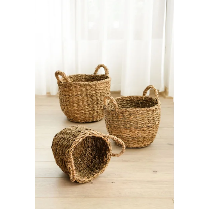 Marlen - 3 lü Dekoratif Doğal El Örmesi Kulplu Hasır Saksı Sepet Seti