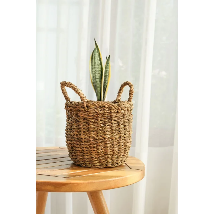 Marlen - 3 lü Dekoratif Doğal El Örmesi Kulplu Hasır Saksı Sepet Seti