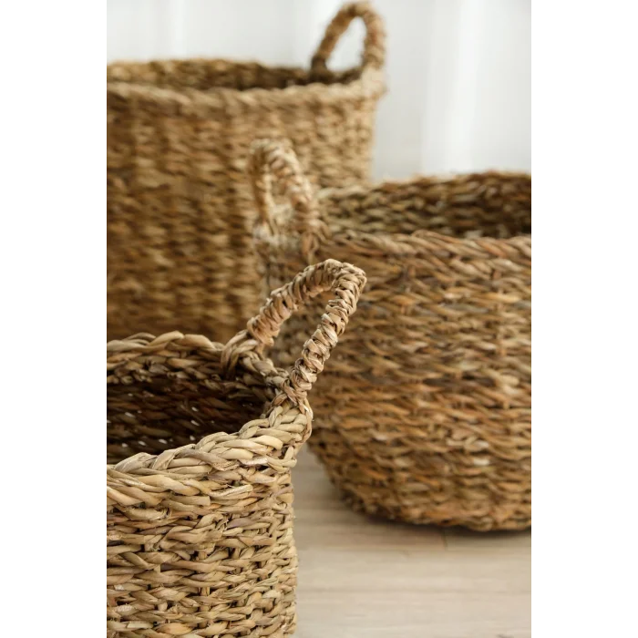 Marlen - 3 lü Dekoratif Doğal El Örmesi Kulplu Hasır Saksı Sepet Seti