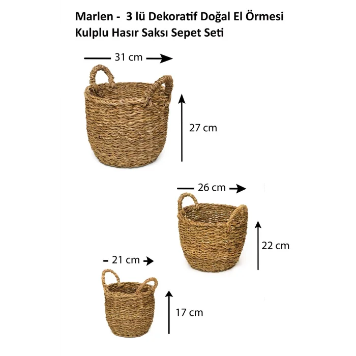 Marlen - 3 lü Dekoratif Doğal El Örmesi Kulplu Hasır Saksı Sepet Seti
