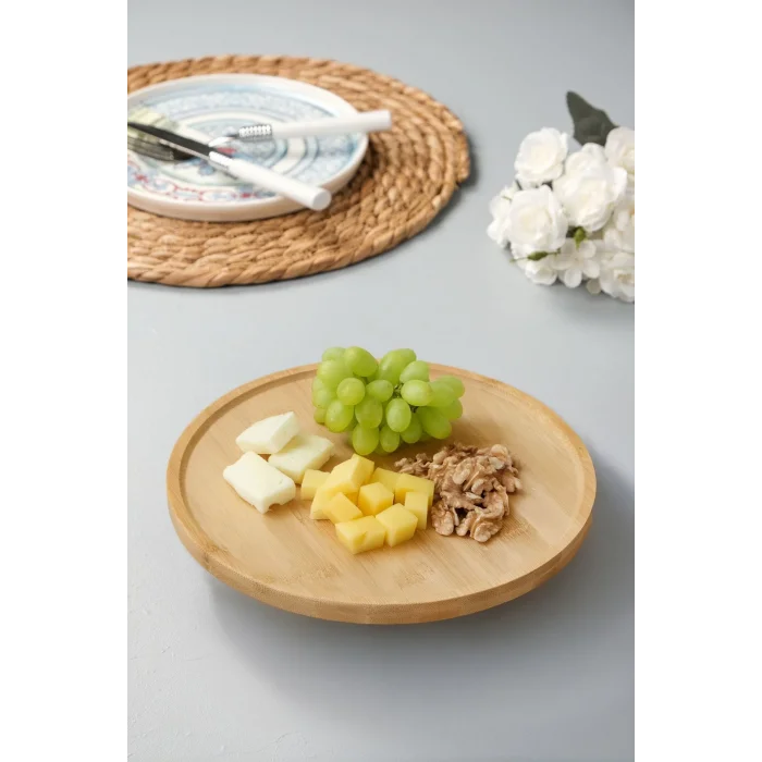 Arven - Bambu Ayaklı Servis Tabağı Meyve Kurabiye Kek Pasta Tatlı Yemek Sunum Tabağı