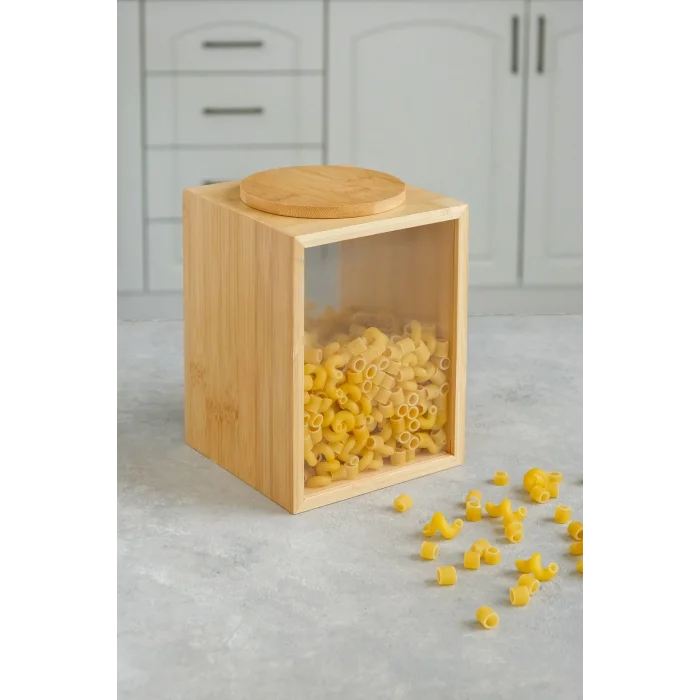 Mia - Bambu Vakum Kapaklı Baharatlık, Erzak Kabı, Bakliyat Kabı, Saklama Kabı 13x13x18 cm, 2 lt