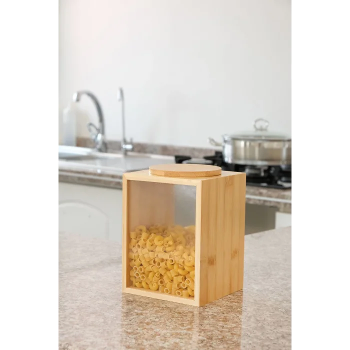 Mia - Bambu Vakum Kapaklı Baharatlık, Erzak Kabı, Bakliyat Kabı, Saklama Kabı 13x13x18 cm, 2 lt