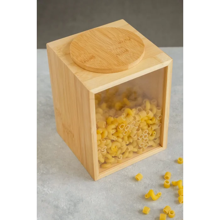 Mia - Bambu Vakum Kapaklı Baharatlık, Erzak Kabı, Bakliyat Kabı, Saklama Kabı 13x13x18 cm, 2 lt