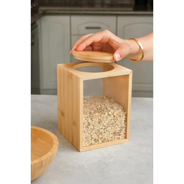 Mia - Bambu Vakum Kapaklı Baharatlık, Erzak Kabı, Bakliyat Kabı, Saklama Kabı 13x13x18 cm, 2 lt