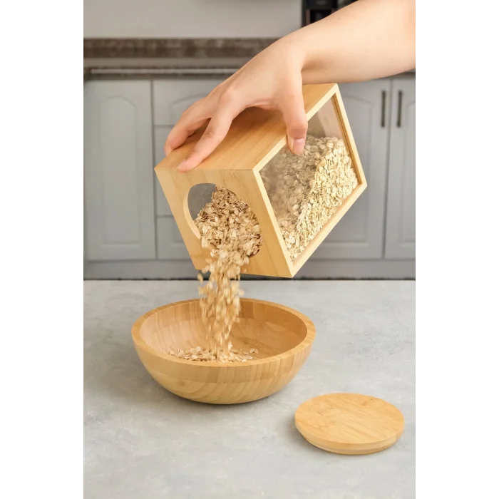 Mia - Bambu Vakum Kapaklı Baharatlık, Erzak Kabı, Bakliyat Kabı, Saklama Kabı 13x13x18 cm, 2 lt