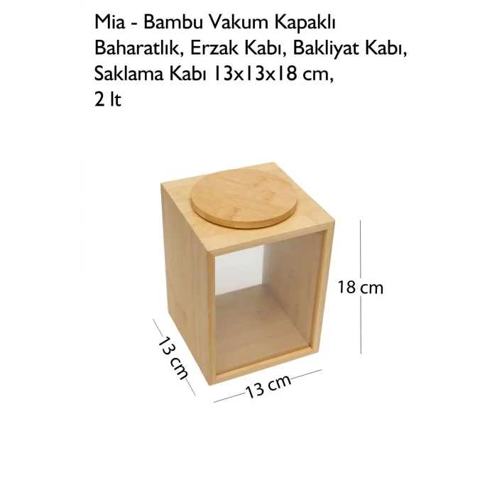 Mia - Bambu Vakum Kapaklı Baharatlık, Erzak Kabı, Bakliyat Kabı, Saklama Kabı 13x13x18 cm, 2 lt