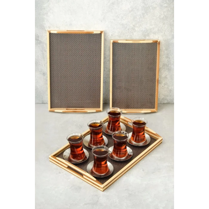 Mia - 3 lü Bambu Dikdörtgen Rattan Desenli Tepsi Seti Büyük: 40x28 cm Orta: 37x25 cm Küçük: 33x22 cm