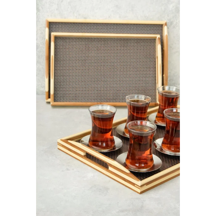 Mia - 3 lü Bambu Dikdörtgen Rattan Desenli Tepsi Seti Büyük: 40x28 cm Orta: 37x25 cm Küçük: 33x22 cm