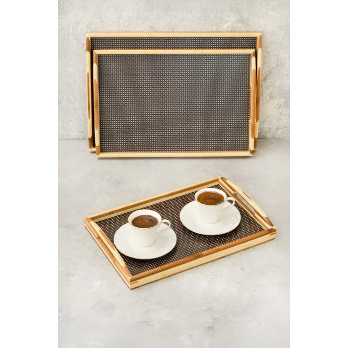 Mia - 3 lü Bambu Dikdörtgen Rattan Desenli Tepsi Seti Büyük: 40x28 cm Orta: 37x25 cm Küçük: 33x22 cm