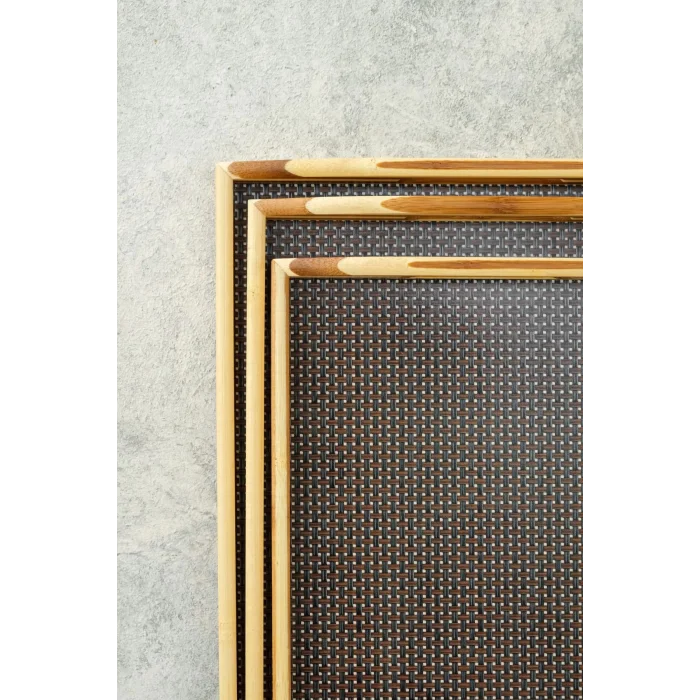 Mia - 3 lü Bambu Dikdörtgen Rattan Desenli Tepsi Seti Büyük: 40x28 cm Orta: 37x25 cm Küçük: 33x22 cm