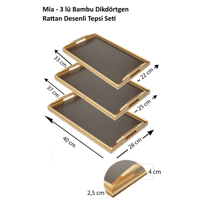 Mia - 3 lü Bambu Dikdörtgen Rattan Desenli Tepsi Seti Büyük: 40x28 cm Orta: 37x25 cm Küçük: 33x22 cm