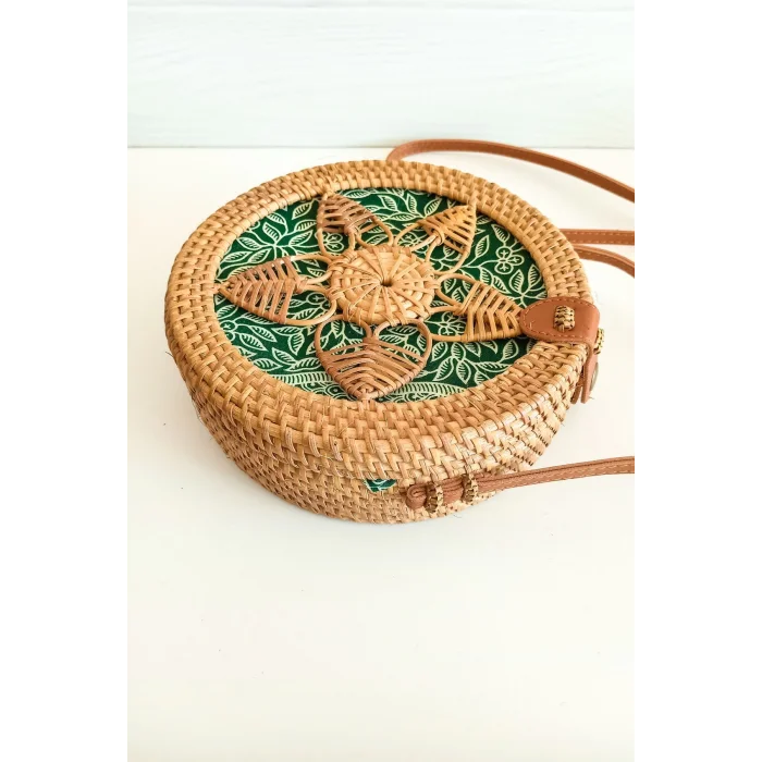 Melina - Rattan El Yapımı Deri Askı Detaylı Hasır Yuvarlak Omuz Çantası