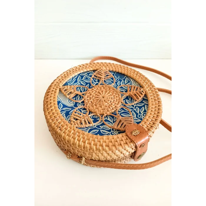 Melina - Rattan El Yapımı Deri Askı Detaylı Hasır Yuvarlak Omuz Çantası