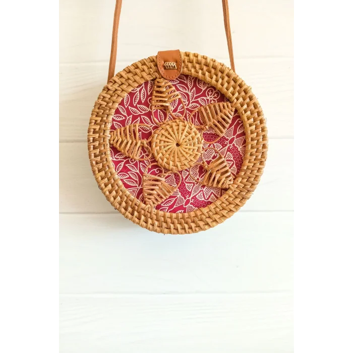 Melina - Rattan El Yapımı Deri Askı Detaylı Hasır Yuvarlak Omuz Çantası